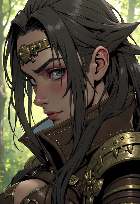 masterpiece, high-quality, A dramatic close-up of a determined female archer, her steely gaze locked on an unseen target, Windswept strands of hair frame her angular face, bold line art highlights the intricate texture of her weathered leather armor, The faint blur of a dense forest behind her gives depth to her intense focus, angular features, dynamic depth, intricate details, vivid lighting, (elaborate fine details:1.1), (hyperdetailed:1.1), (intricate details:1.0), (Refined details:1.1), (best quality:1.1), (high resolution:1.2),