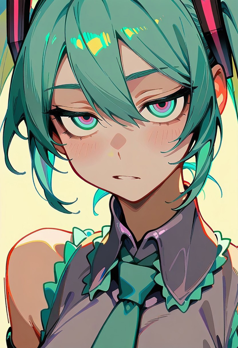 masterpiece,best quality,absurdres, amazing quality, hi res, masterpiece, best quality, detailed, amazing quality, detailed face, detailed eyes, clean eyes, best quality, highres, very aesthetic, newest, ultra-detailed, illustration, (best quality:1.1),ultra-detailed, high resolution, super detailed skin, beautiful detailed eyes, nsfw, Brightly Lit, Highly Visible, 8k, sharp focus, beautiful, perfect lighting, beautiful eyes, anatomically correct, anatomically correct face, extremely detailed eyes, smooth edges, beautiful face, symmetrical eyes, symmetrical face,
BREAK  Little_netizen, disdainful eyes, 1girl, hatsune miku, close up, portrait, eyes focus:0.5