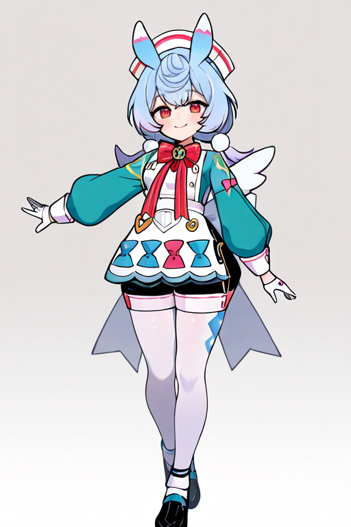 masterpiece, High quality, Ultra detailed, 2d, newest, absurdres, highres, BREAK
1girl, solo, <lora:sigewinne:0.8>, low twintails, pom pom hair ornament, blue hair, white headwear, animal ears, red eyes, 
small breasts, sigewinneDef, long sleeves, white apron, aqua shirts, red bowtie, puffy sleeves, white gloves, shorts, black shorts, apron ornament, striped bows, white pantyhose, shoes, black footwear, wings, white back bow, short tail, 
standing, looking at viewer, full body, smile,