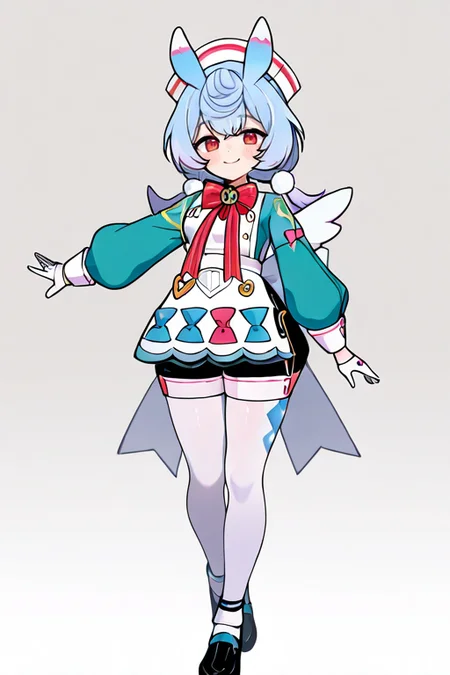 masterpiece, High quality, Ultra detailed, 2d, newest, absurdres, highres, BREAK
1girl, solo, <lora:sigewinne:0.8>, low twintails, pom pom hair ornament, blue hair, white headwear, animal ears, red eyes,
small breasts, sigewinneDef, long sleeves, white apron, aqua shirts, red bowtie, puffy sleeves, white gloves, shorts, black shorts, apron ornament, striped bows, white pantyhose, shoes, black footwear, wings, white back bow, short tail,
standing, looking at viewer, full body, smile,