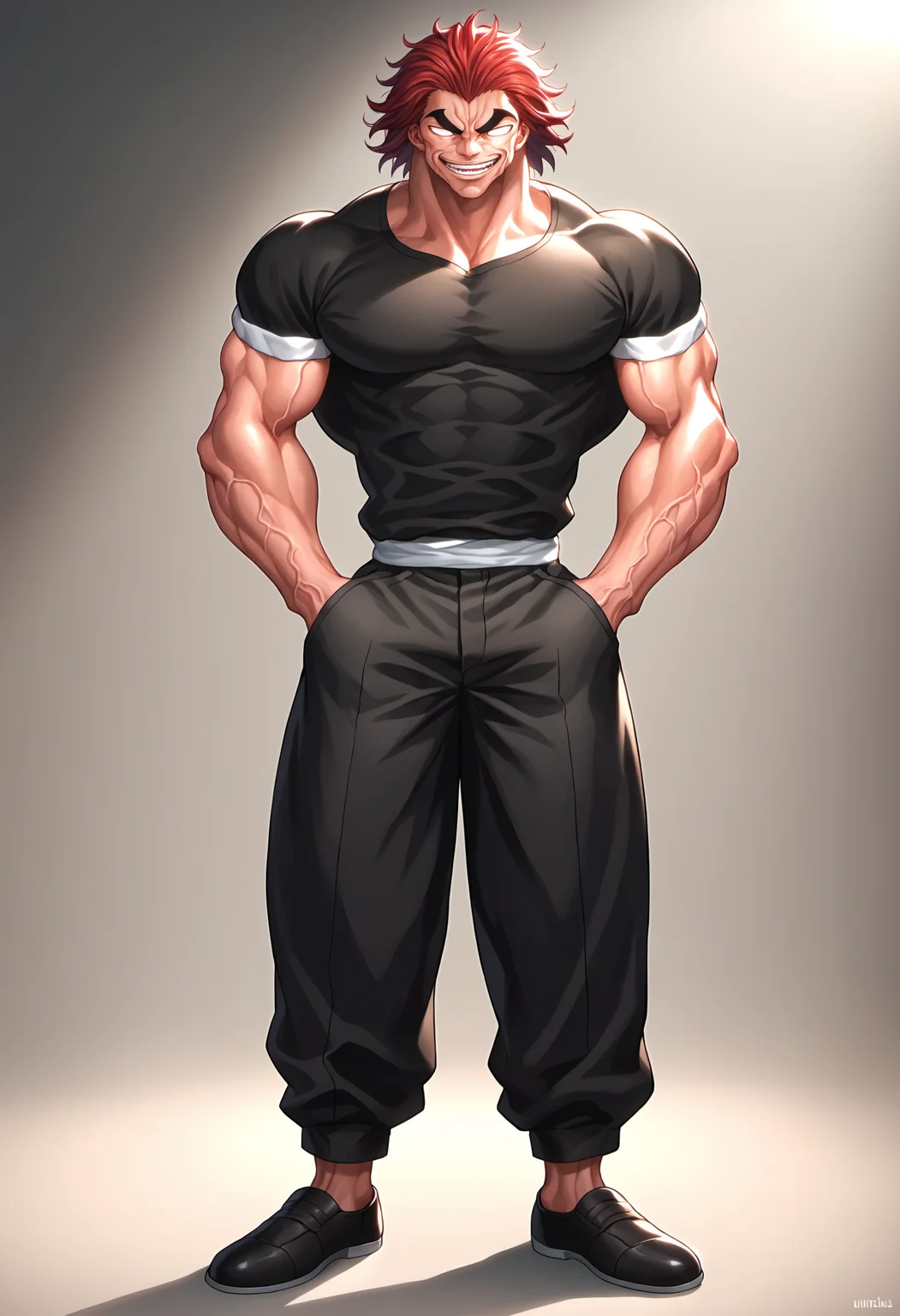 score_9, score_8_up, score_7_up, YujiroHanma, 1boy, male focus, solo, black shirt,muscular male, black pants,short sleeves,black footwear, red hair, manly, veins, dynamic lighting, extremely detailed,<lora:Char-YujiroHanma-pony:1>(from front), looking at viewer,standing, full body, neutral pose,serious expression,slouching, evil smile, no pupils, hands in pockets, mouth open,