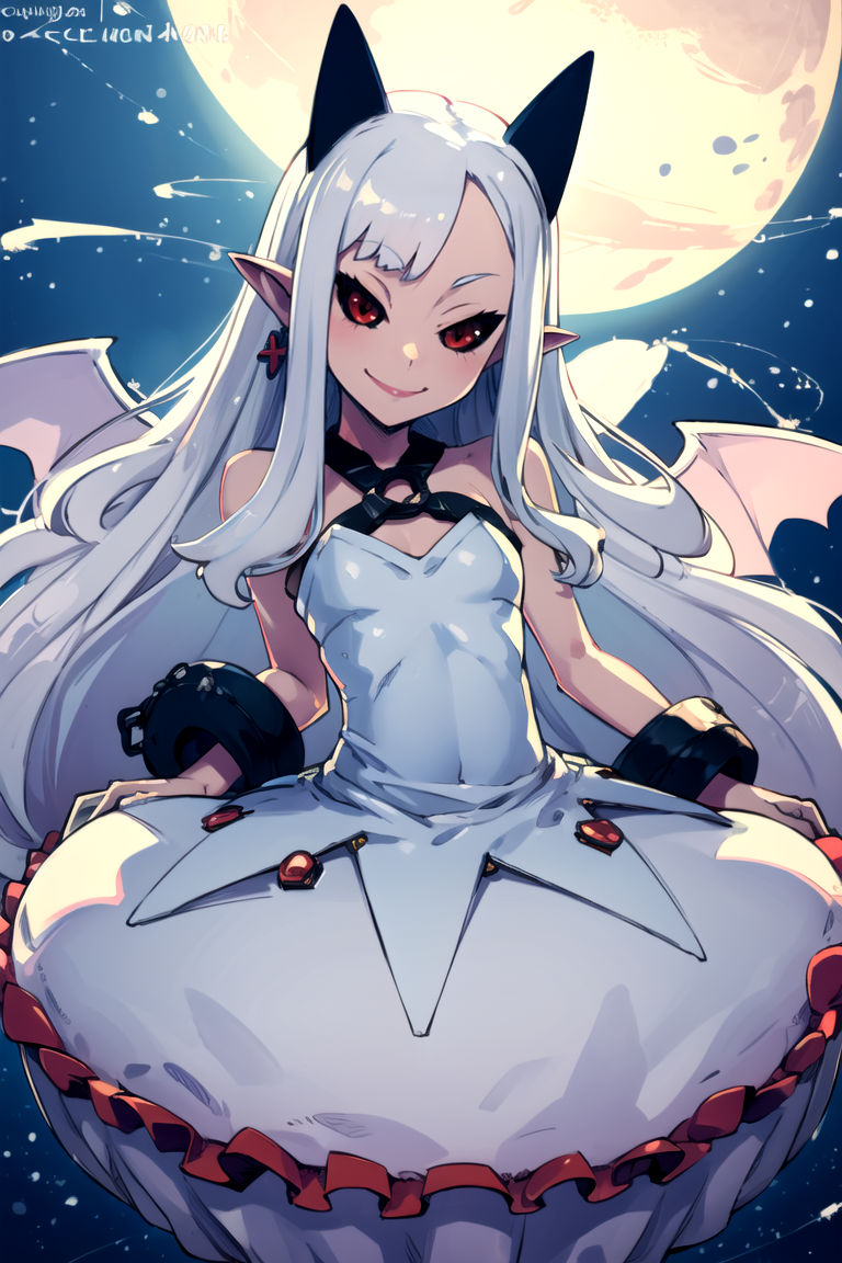 ((masterpiece,best quality)), absurdres,
<lora:Pram_Phantom_Kingdom_Anime_Dim32:0.8>, Pram_Phantom_Kingdom, 
1girl, solo, long white hair, horns, pointy ears, red eyes, black sclera, jewelry, dress, bubble skirt, earrings, chain, bat wings, albino, shackles, very long hair,
solo, smiling, looking at viewer, cowboy shot, , 
cinematic composition, dynamic pose,