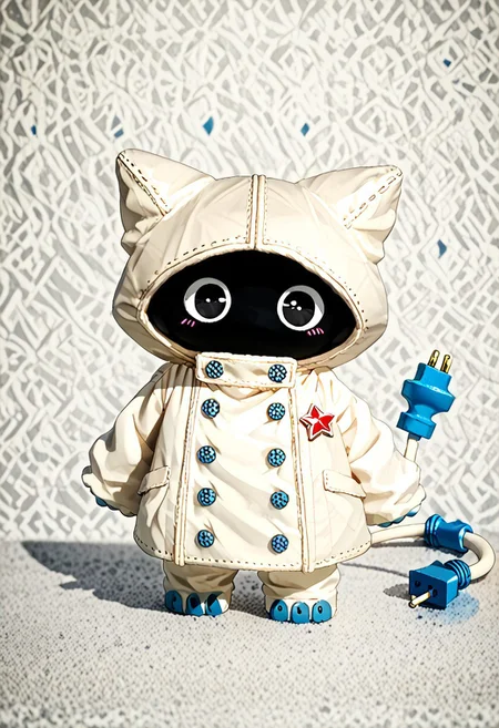 score_9, score_8_up, score_7_up, ((((sdgs4by zuppu11)))), neumaf, 1other, cute, electric plug tail, black eyes, black face, white windbreaker, red star on clothes, solo, full body, zPDXL3