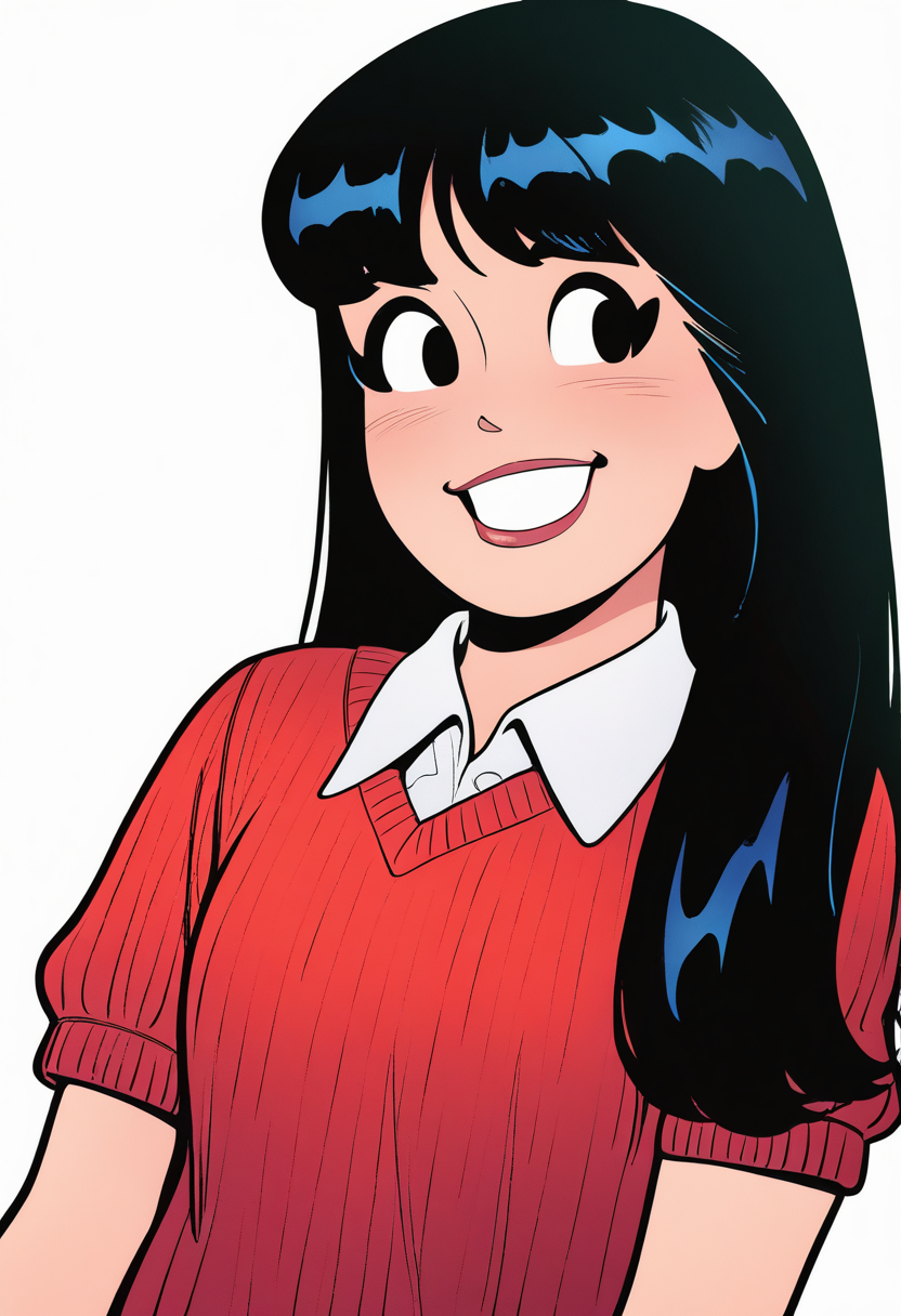 masterpiece, best quality, very aesthetic, absurdres,
1girl, veronica, black hair, long hair, black eyes,
red sweater, collared white shirt, short sleeves,
smile, upper body,
looking at viewer, solo, simple background, white background  <lora:VeronicaNoobXL_byKonan:1>