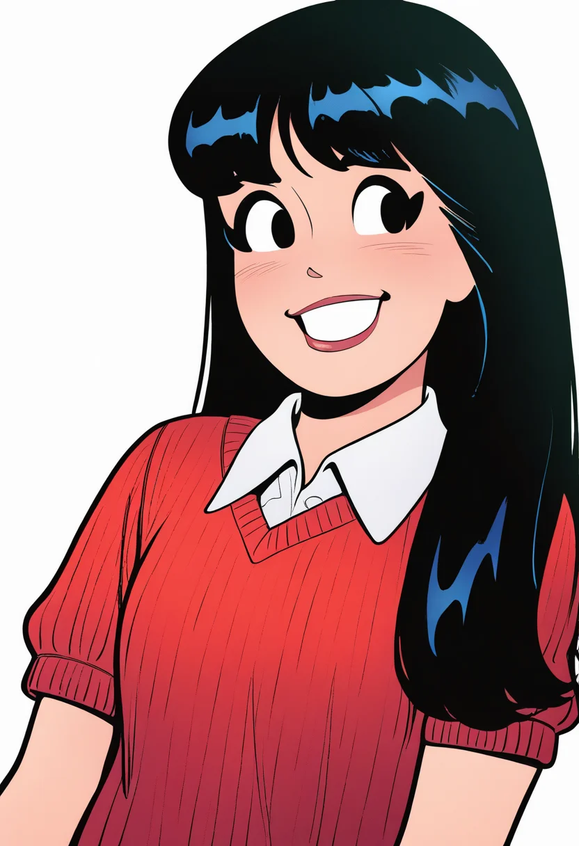 masterpiece, best quality, very aesthetic, absurdres,
1girl, veronica, black hair, long hair, black eyes,
red sweater, collared white shirt, short sleeves,
smile, upper body,
looking at viewer, solo, simple background, white background <lora:VeronicaNoobXL_byKonan:1>