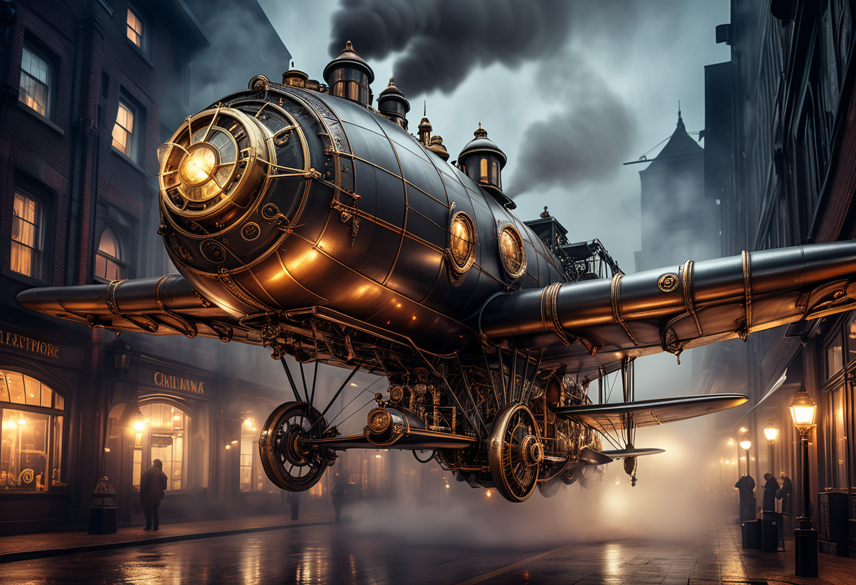 award winning, (professional photo) of (majestic large charcoal steampunk steamplane) with brass body,  gilded accents, the aircraft is flying over  a foggy steampunk city, where gas lamps light the streets, and the air is thick with the hiss of steam and the clank of metal, under the stars, , creative, beautiful, vibrant, masterpiece, 64k, UHD, HDR, full view, atmospheric lighting, extremely detailed