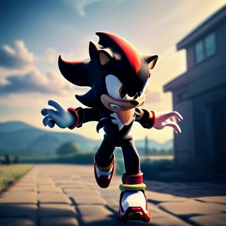 semi realistic 3d fully body illustration of shadow the hedgehog, ((1boy:1.4)), ((solo:1.4)), cowboy shot, running, outdoors, park (insanely detailed, masterpiece, best quality), depth of field, center, facing viewer, detailed landscape, clouds, sun, blue sky