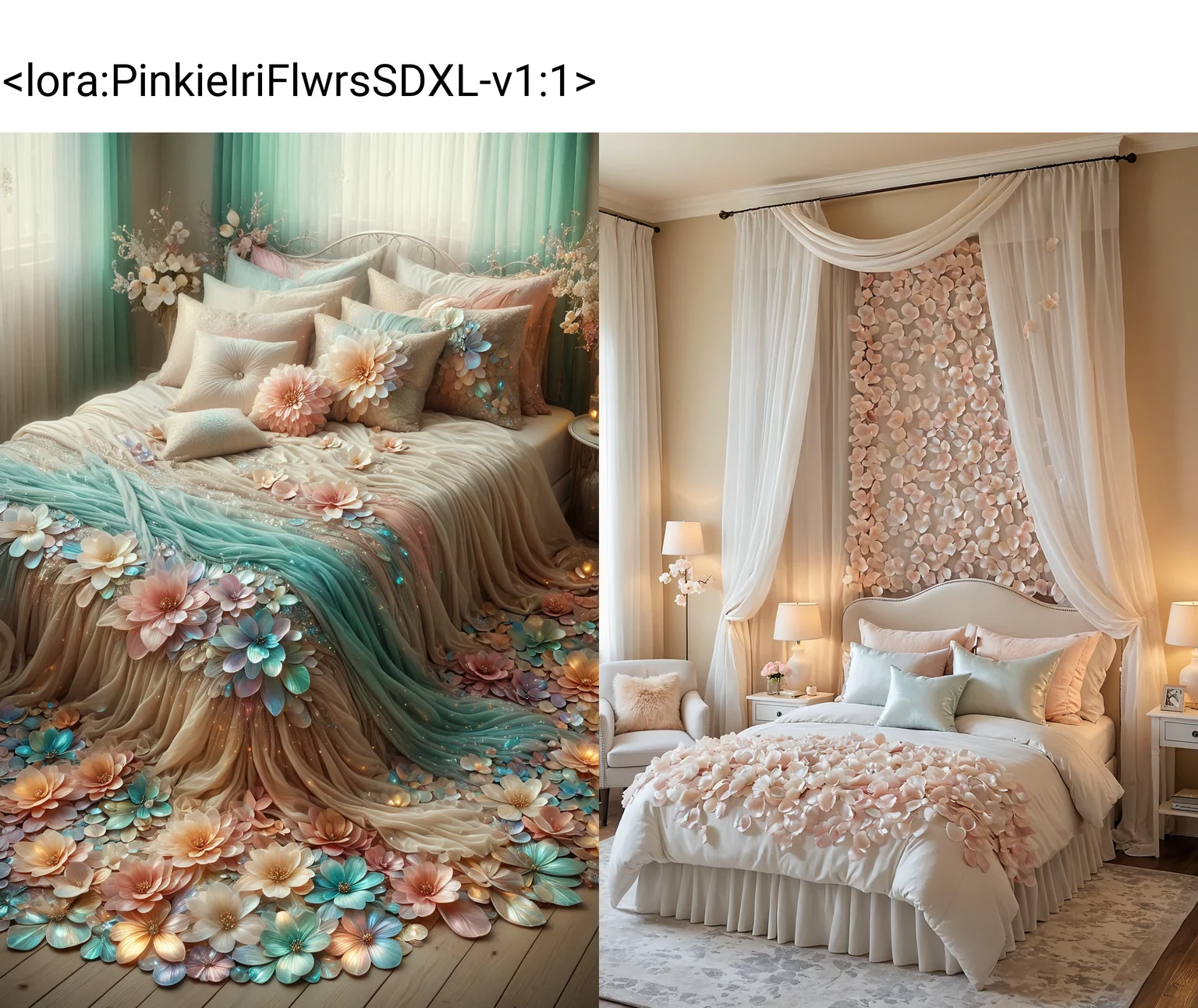 Craft a serene bedroom setting: iridescent petals bed with (fluffy:1.1) pillows, (soft:1.1) ambient lighting, (peaceful:1.2) color palette, (dreamy:1.1) curtains, iridescent petalsdecor, (gentle:1.1) breeze through open window, made out of iridescent flower petals, <lora:PinkieIriFlwrsSDXL-v1:1>, p1nk1r1fl0wers,