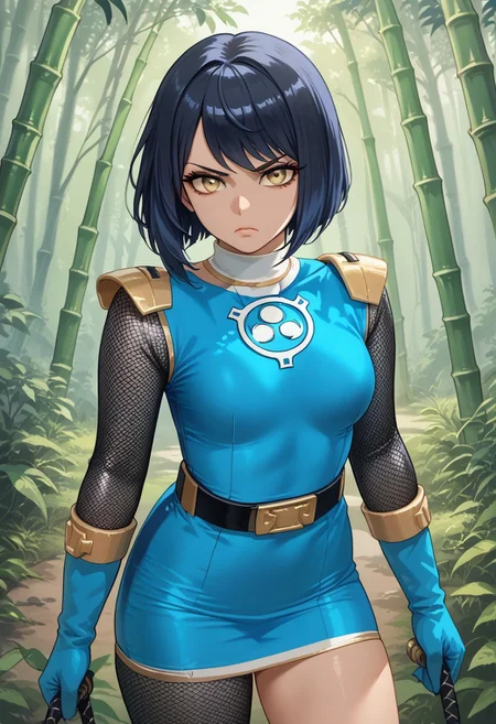 score_9, score_8_up, score_7_up, BREAK,
1girl, solo, BREAK,
sentaikageblue, shiny clothes, spandex, BREAK,
silver bodysuit, fishnet bodysuit, bodysuit under clothes, aqua dress, shoulder pads, aqua skirt, black belt, BREAK,
aqua gloves, no headwear, BREAK,
ku70u5a4a, dark hair, short hair, yellow eyes, medium breasts, thick thighs, BREAK,
standing, serious, BREAK,
dutch angle, outdoors, forest, bamboo, evening,