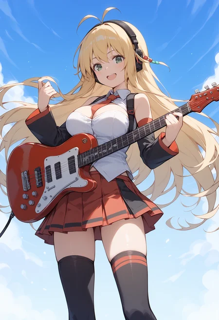 score_9, score_8_up, score_7_up, source_anime, <lora:lowres_concept_ponyXL_v1:-0.3> rating:general,
BREAK,
tsurumaki maki, blonde hair, long hair, antenna hair, green eyes,
solo, 1girl, large breasts, instrument, guitar, detached sleeves, skirt, thighhighs, open mouth, looking at viewer, cleavage, smile, headphones, red skirt, red necktie, holding, electric guitar, headset, single thighhigh, bare shoulders, blush, bangs, holding instrument, pleated skirt, :d, music, cowboy shot
<lora:tsurumaki_maki_ponyXL_v2-15:1>