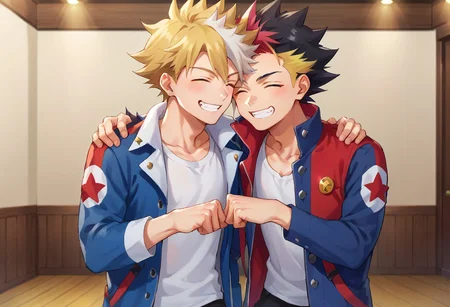 score_9, score_8_up, score_7_up, source_anime, highly detailed, 2boys,
multiple boys, 2boys, male focus, smile, closed eyes, spiked hair, dyed bangs,
bangs, multicolored hair, open mouth, blonde hair, teeth, grin, blush, black hair, jacket, arm around shoulder, open clothes, long sleeves, star (symbol),
shirt, blue jacket, fistbump, indoor, stage,