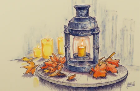 Sharp image of a rough sketch, rendered in vibrant multi colour ballpoint pen, capturing the adorable features of an old-fashioned lantern with a lit candle inside. The lantern is made of metal and has a unique design with intricate patterns and designs. It is placed on a wooden table with fallen leaves scattered around it. The background is blurred, but it appears to be an outdoor setting with other lanterns and candles. The overall mood of the image is peaceful and serene.  p3nsk, <lora:p3nsk:1>