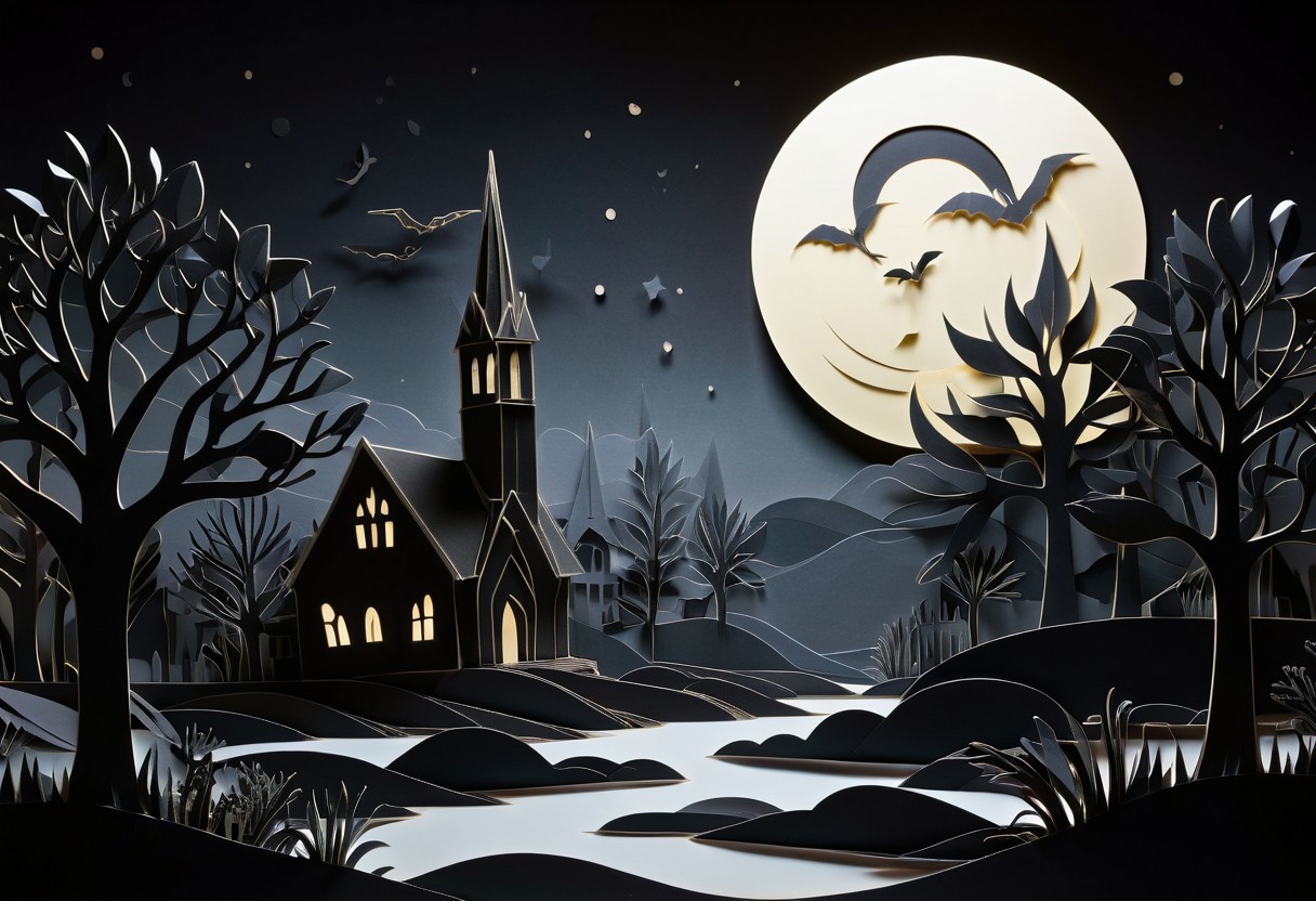 (paper cutout style:1.5) (in the style of Georges Méliès:1.2), BREAK, On the edge of an old graveyard, a paper cutout of a crumbling chapel stands alone, its sharp silhouette cut out against a dark, paper-like sky. BREAK,  fog, created from a smoke machine off stage, crawling slowly across the ground in, translucent waves, moving as if alive. BREAK, Stars twinkle faintly in the distance and a paper moon hangs on the backdrop, and a cool moonlight casts soft shadows across the scene. BREAK, From within the fog, a paper cutout of a long, (serpent-like creature begins to emerge, its body composed of segmented, cut-out shapes:1.2). It moves gracefully, its form shifting and bending unnaturally as if it doesn’t belong in this world. Its eyes are too large, glowing faintly as it watches from the mist, casting subtle, eerie light onto the fog. BREAK, The landscape feels like a forgotten scene from an (old sci-fi film1.2)—a haunting mix of the surreal and the unsettling." PaperCutout style, black and white, monochrome