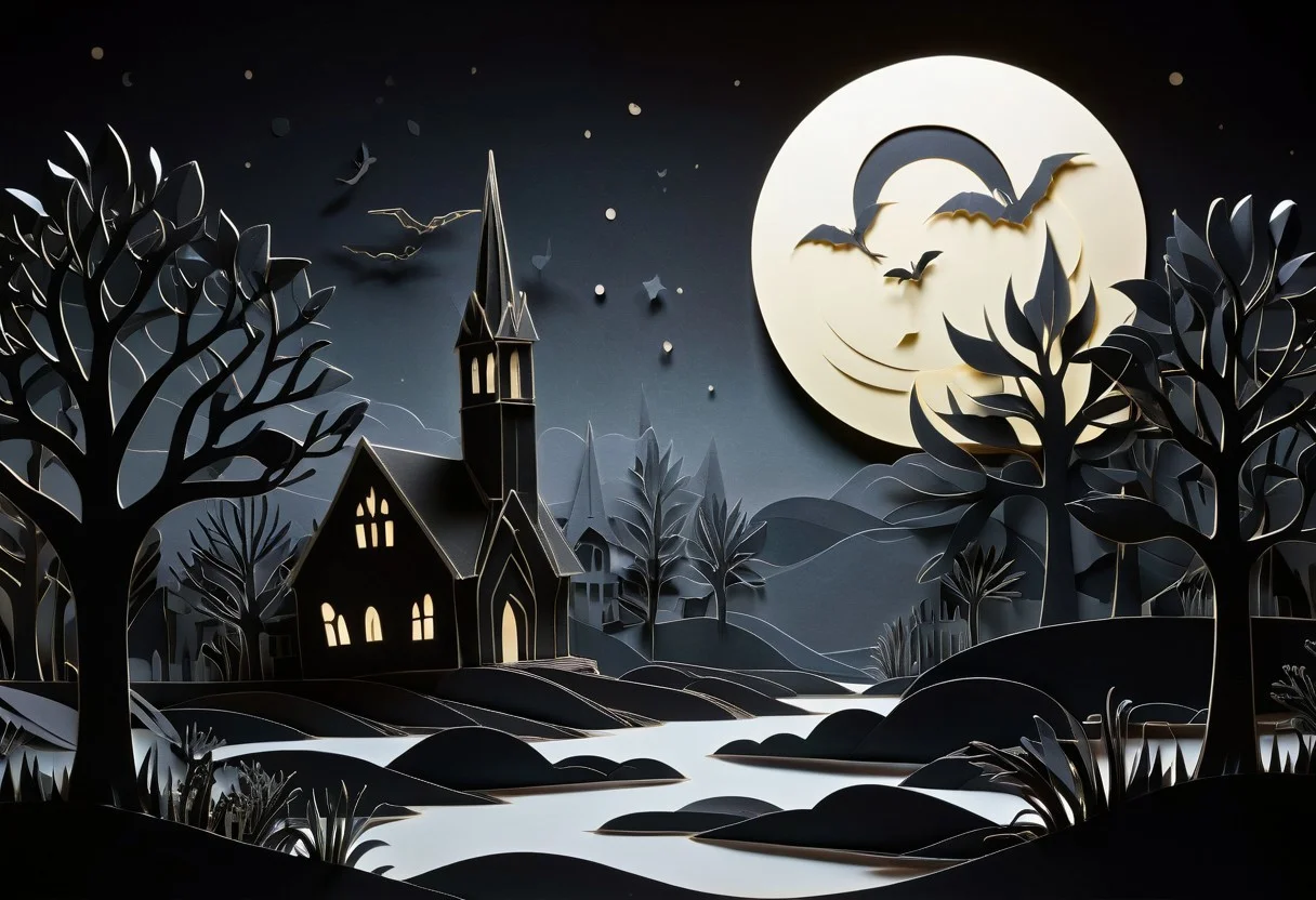 (paper cutout style:1.5) (in the style of Georges Méliès:1.2), BREAK, On the edge of an old graveyard, a paper cutout of a crumbling chapel stands alone, its sharp silhouette cut out against a dark, paper-like sky. BREAK, fog, created from a smoke machine off stage, crawling slowly across the ground in, translucent waves, moving as if alive. BREAK, Stars twinkle faintly in the distance and a paper moon hangs on the backdrop, and a cool moonlight casts soft shadows across the scene. BREAK, From within the fog, a paper cutout of a long, (serpent-like creature begins to emerge, its body composed of segmented, cut-out shapes:1.2). It moves gracefully, its form shifting and bending unnaturally as if it doesn’t belong in this world. Its eyes are too large, glowing faintly as it watches from the mist, casting subtle, eerie light onto the fog. BREAK, The landscape feels like a forgotten scene from an (old sci-fi film1.2)—a haunting mix of the surreal and the unsettling." PaperCutout style, black and white, monochrome