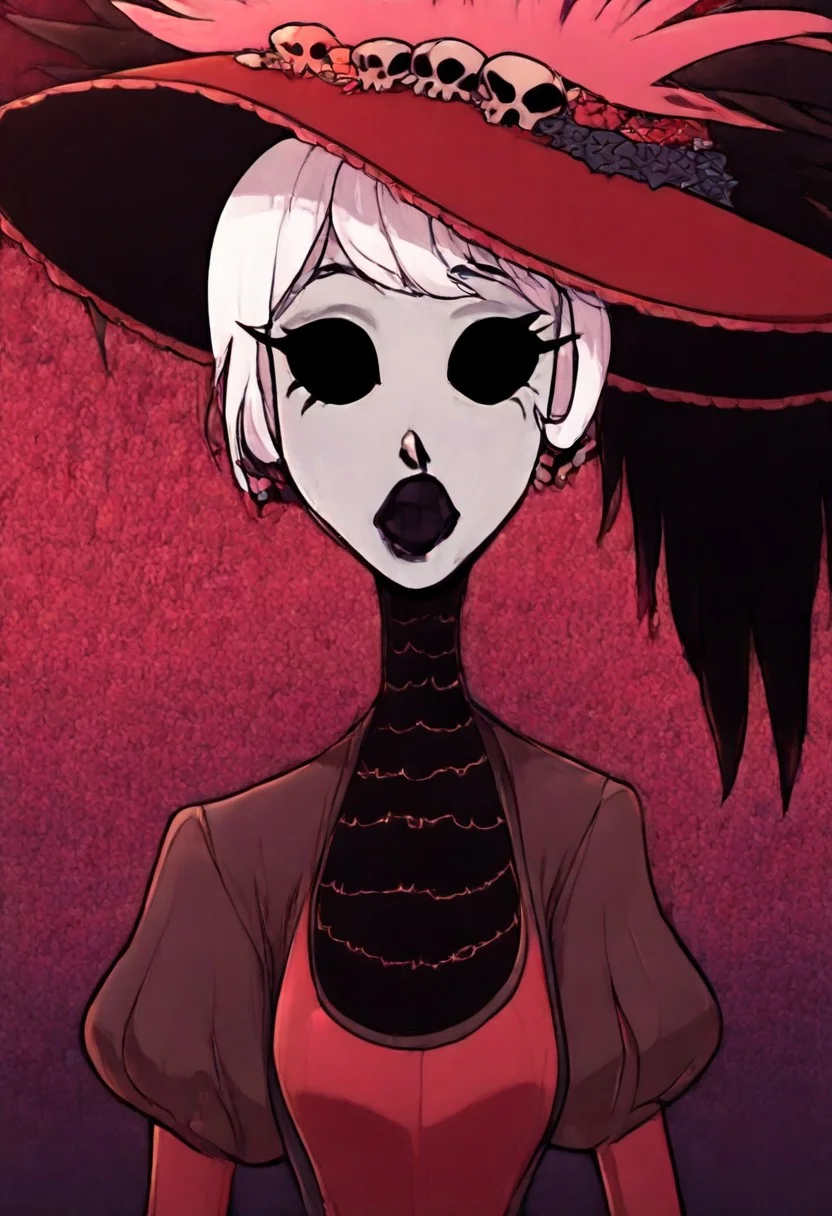 masterpiece, best quality, newest, absurdres, highres, HHp4ck-Style-V1.0, official style, 1girl, HHOVP-ROS-V1.0, hat, white hair, red dress, black lips, black eyes, colored skin, white colored skin, frilled hat, frilled sleeves, frills, hat feather, hat ornament, pufy sleeves, empty eyes, hat flower, red headwear, skull, POG-V1.0IL, looking at viewer, portrait, pogchamp (meme), meme, :o