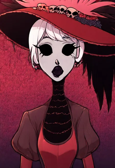 masterpiece, best quality, newest, absurdres, highres, HHp4ck-Style-V1.0, official style, 1girl, HHOVP-ROS-V1.0, hat, white hair, red dress, black lips, black eyes, colored skin, white colored skin, frilled hat, frilled sleeves, frills, hat feather, hat ornament, pufy sleeves, empty eyes, hat flower, red headwear, skull, POG-V1.0IL, looking at viewer, portrait, pogchamp (meme), meme, :o