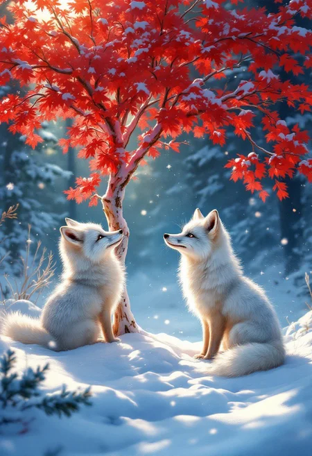 A captivating digital painting of two arctic foxes exploring a snow-covered, vibrant red tree in a sun-dappled winter forest. The scene exudes peaceful curiosity and enchanting beauty, with the red tree standing out against the cool blues and whites of the snow. The painterly style creates a dreamy atmosphere, reminiscent of the works of Ross Tran and Albert Bierstadt. Warm light from a low sun contrasts the intense red of the tree, while soft, painterly brushstrokes evoke a cinematic feel. The detailed textures on the fur of the foxes and the snow, along with the deep, dense background of the forest, showcase a high level of detail and rendering