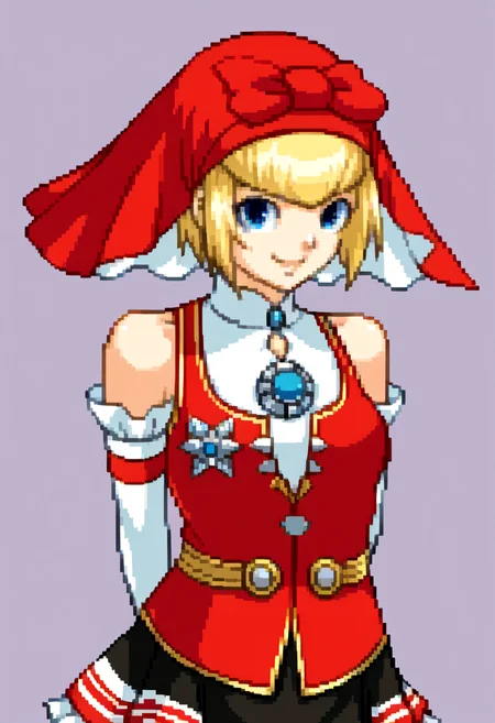 score_9, score_8_up, score_7_up, source_anime, BREAK, solo, 1girl, looking at viewer, smile, <lora:Ace-Attorney-Portraits-pdxl_Fp:1>, portrait, pixel art, simple background, upper body, <lora:Idun-pdxl-DoRA_Fp:1>, idunnsmt, short hair, blonde hair, blue eyes, veil, red bow, red dress, vest, frilled skirt, white gloves, elbow gloves, white thighhighs, smile, bare shoulders, miniskirt, black skirt, brooch, closed mouth, arms behind back,