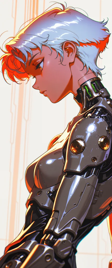((absurdres, high_quality, masterpiece)), (dynamic_angle, foreshortening, depth_of_field), blurry_background, (anime_coloring, flat_colors, cel-shaded), (lens_flare), chromatic_aberration, scanlines, (grainy_texture:1.4), (film_grain:1.3), retro_artstyle, 1980s_\(style\), (1990s_\(style\)), vhs_artifacting, halftone, limited_palette, neon_lighting)
(D4rkR3troSc1f1, egirlpfp, solo, cyborg, robot_joints, mechanical_parts, short_hair, white_hair, profile, side_view, windswept_hair, exposed_mechanics, wires, circuitry, metal_skin, glowing, detailed_mechanical_design, android, melancholic, introspective, minimalist_background, white_background, soft_lighting, glint, backlighting, retro_artstyle, sci-fi, intricate, elegant, delicate, upper_body, high_contrast, anime_coloring)