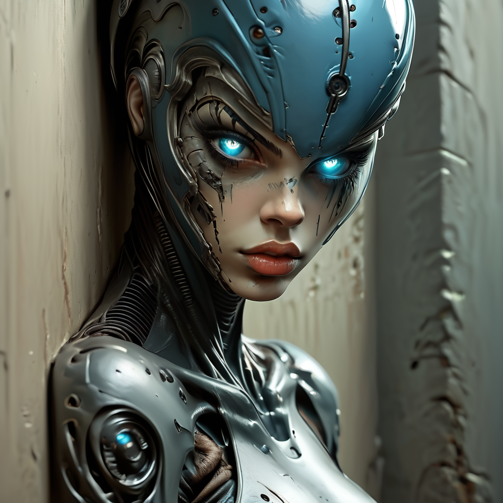 Score_9, score_8_up, score_7_up, score_6_up, BREAK <lora:Eldritch_Sci-FiPony:1> ArsMJStyle, Eldritch Sci-Fi, The image shows a woman with blue eyes and a metal headpiece leaning against a wall. Her face is animated and her eyes are a piercing blue., 1girl, solo, blue eyes, looking at viewer, android, lips, glowing eyes, portrait, against wall, helmet