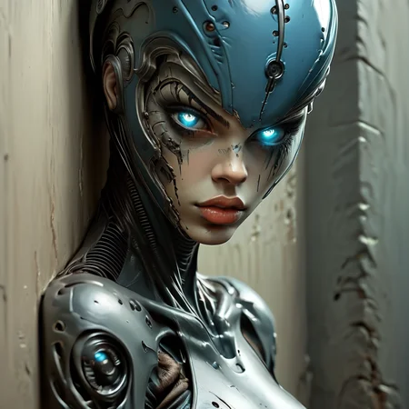 Score_9, score_8_up, score_7_up, score_6_up, BREAK <lora:Eldritch_Sci-FiPony:1> ArsMJStyle, Eldritch Sci-Fi, The image shows a woman with blue eyes and a metal headpiece leaning against a wall. Her face is animated and her eyes are a piercing blue., 1girl, solo, blue eyes, looking at viewer, android, lips, glowing eyes, portrait, against wall, helmet