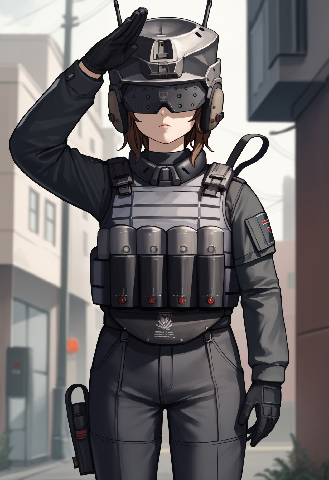score_9, score_8_up, score_7_up, source_anime BREAK 1girl, solo, <lora:soldierow_lumi-nikke-richy-v1_pdxl:0.9> sdlrow, covered eyes, brown hair, short hair, helmet, black jacket, bulletproof vest, tactical clothes, black gloves, black pants, salute, arm up, arm at side