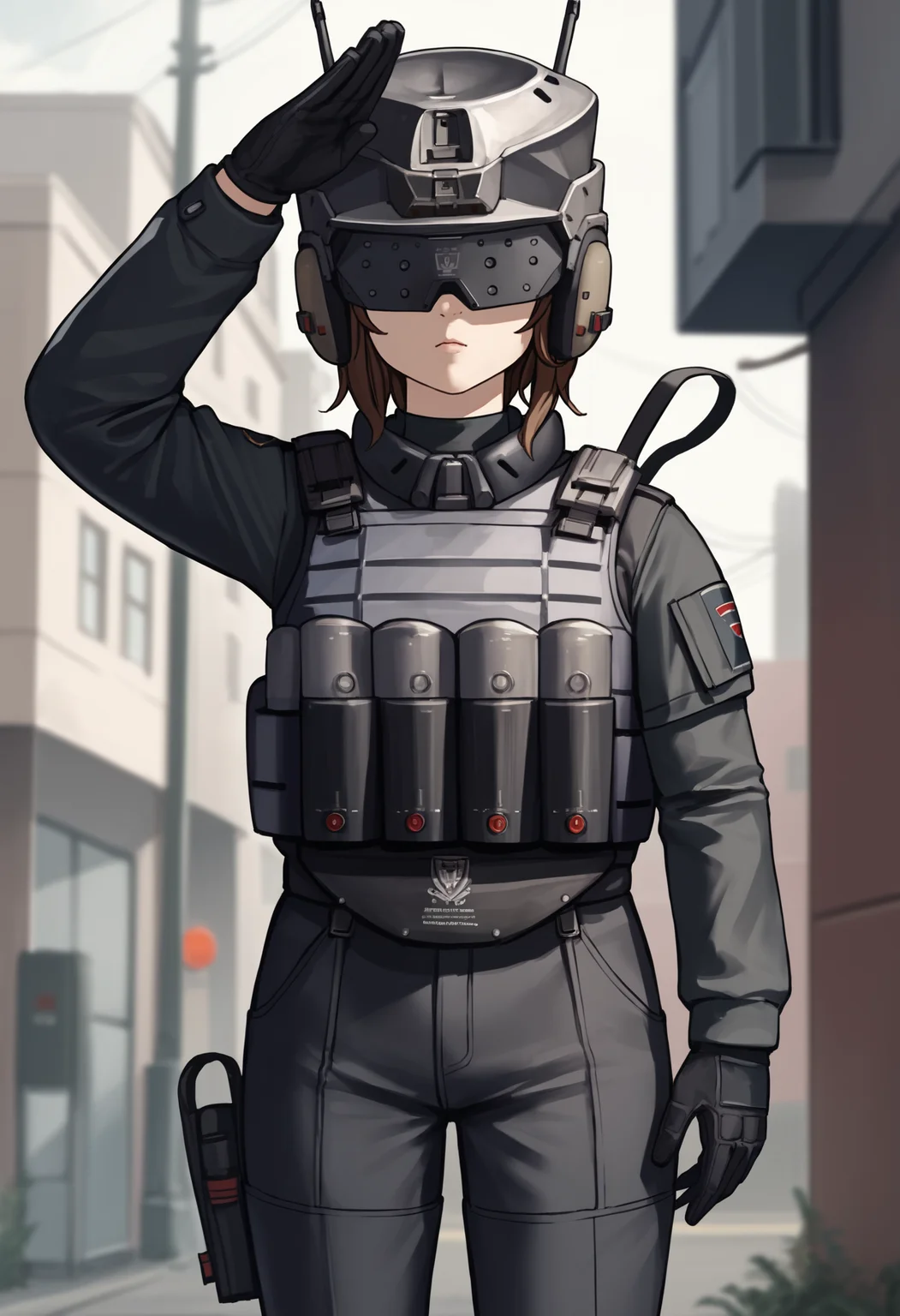 score_9, score_8_up, score_7_up, source_anime BREAK 1girl, solo, <lora:soldierow_lumi-nikke-richy-v1_pdxl:0.9> sdlrow, covered eyes, brown hair, short hair, helmet, black jacket, bulletproof vest, tactical clothes, black gloves, black pants, salute, arm up, arm at side