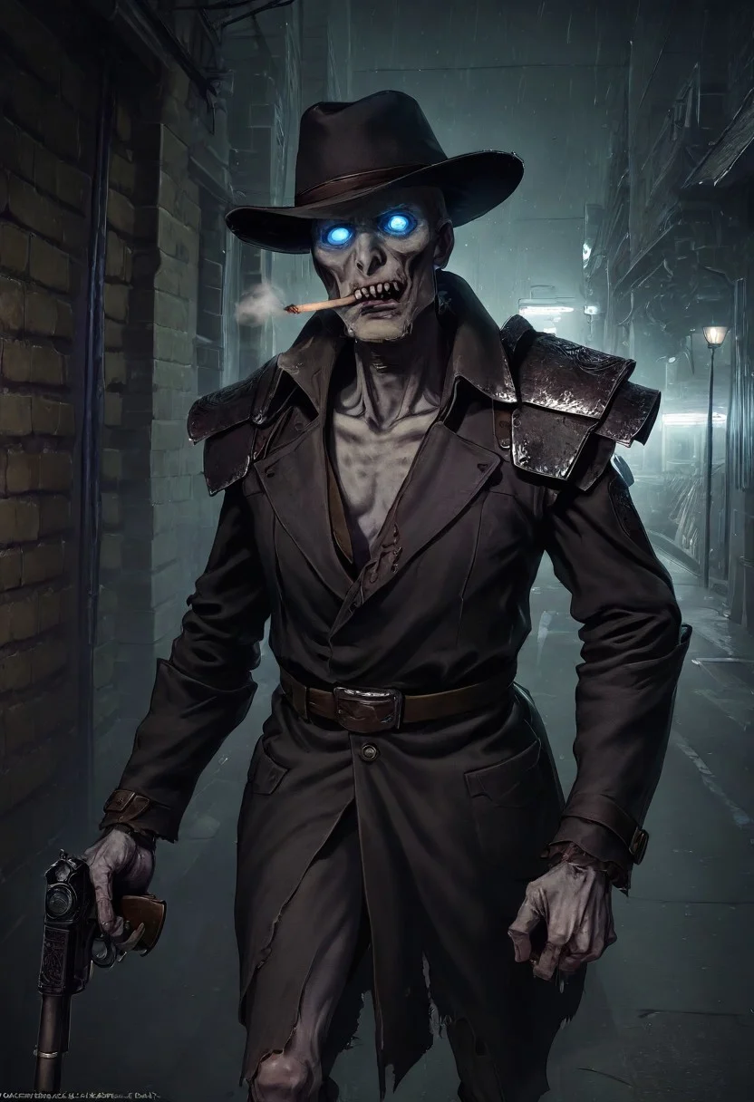 Dr4gr, skrm, masterpiece, best quality, absurdres, solo, 1930s detective outfit, trench coat, fedora, shoulder armor, zombie skin, glowing blue eyes, holding a gun, smoking a cigarette, noir atmosphere, dark alley, rain-soaked streets, dramatic shadows, cinematic lighting, highly detailed, dark fantasy art style, mysterious, moody, humorous contrast