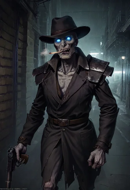 Dr4gr, skrm, masterpiece, best quality, absurdres, solo, 1930s detective outfit, trench coat, fedora, shoulder armor, zombie skin, glowing blue eyes, holding a gun, smoking a cigarette, noir atmosphere, dark alley, rain-soaked streets, dramatic shadows, cinematic lighting, highly detailed, dark fantasy art style, mysterious, moody, humorous contrast