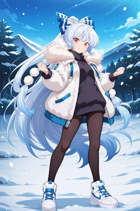 absurdres, highres, masterpiece, best quality, amazing quality, official anime artwork, screencap, anime screencap, outdoors, looking at viewer, light smile, dynamic pose, standing,
<lora:Fujiwara-no-Mokou_IllustriousV2:1>  fujiwara no mokou, 1girl, solo, red eyes, blue hair, white hair, very long hair, small breasts, fujiwara no mokou \(hourai heat pump\), alternate hair color, alternate hairstyle, alternate costume, pom pom \(clothes\), pom pom hair ornament, white coat, fur-trimmed coat, long sleeves, zipper, open coat, black sweater, black pantyhose, white sneakers, hands up, snow, snowing,