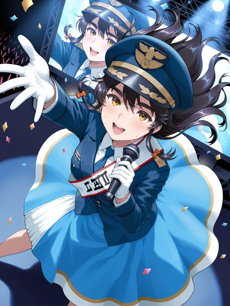 masterpiece,best quality,newest,1girl,solo,
<lora:mao2_ilxl_v1.2:1>,mao2,m_hat,holding microphone,m_clothes,white gloves,blue skirt,blue jacket,
<lora:Fixhands_anime_bdsqlsz_V1:1>,dynamic_angle,cinematic_angle,naughty_face,on stage,spotlight,reaching towards viewer,sparkling sweat,floating hair,singing,dancing,looking ahead,giant screen,
confetti,portrait,
