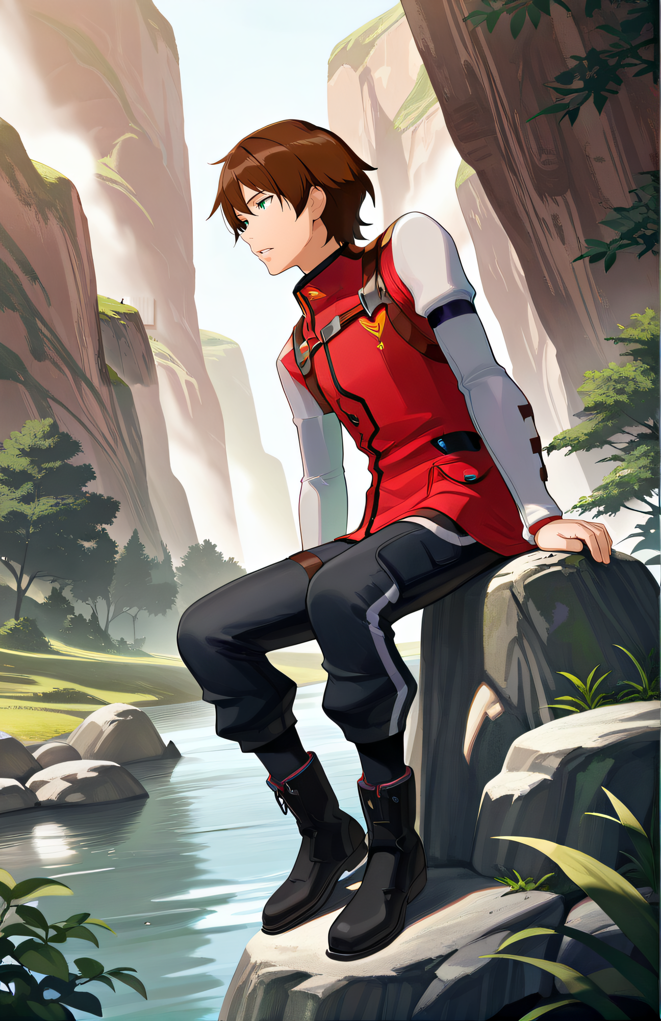 masterpiece, best quality, highres, newest, official artstyle, extremely detailed CG, 1boy, solo, <lora:LArc_Bright_Lagoon:1>, LArc, brown hair, green eyes, red uniform, white sleeves, pants, black boots, looking away, sitting on rock, scenery, outdoor, parted lips, from side