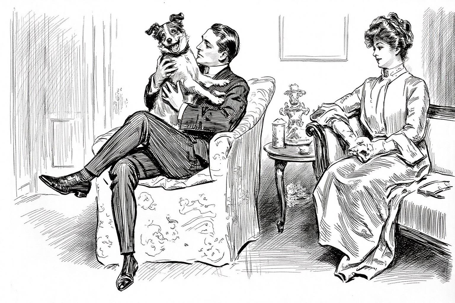 charlesdgibson1 illustration.
A cozy, domestic setting with three main figures: a man, a woman, and a small dog. The man, seated on a plush, ornate armchair with a floral pattern, is dressed in formal attire: a suit, tie, and polished shoes. He is looking at the small dog sitting in his arms. On the right is a woman seated on a sofa, her hair styled into a bouffant updo, turning her head sideways to look at the man and the dog on the left. <lora:charlesdgibson1_cap_d8a4:1.0><lora:839943595898194177:0>