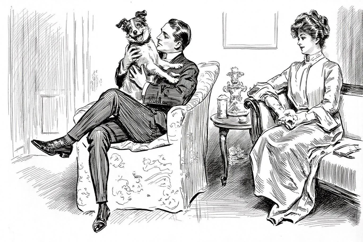 charlesdgibson1 illustration.
A cozy, domestic setting with three main figures: a man, a woman, and a small dog. The man, seated on a plush, ornate armchair with a floral pattern, is dressed in formal attire: a suit, tie, and polished shoes. He is looking at the small dog sitting in his arms. On the right is a woman seated on a sofa, her hair styled into a bouffant updo, turning her head sideways to look at the man and the dog on the left. <lora:charlesdgibson1_cap_d8a4:1.0><lora:839943595898194177:0>