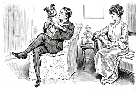 charlesdgibson1 illustration.
A cozy, domestic setting with three main figures: a man, a woman, and a small dog. The man, seated on a plush, ornate armchair with a floral pattern, is dressed in formal attire: a suit, tie, and polished shoes. He is looking at the small dog sitting in his arms. On the right is a woman seated on a sofa, her hair styled into a bouffant updo, turning her head sideways to look at the man and the dog on the left. <lora:charlesdgibson1_cap_d8a4:1.0><lora:839943595898194177:0>