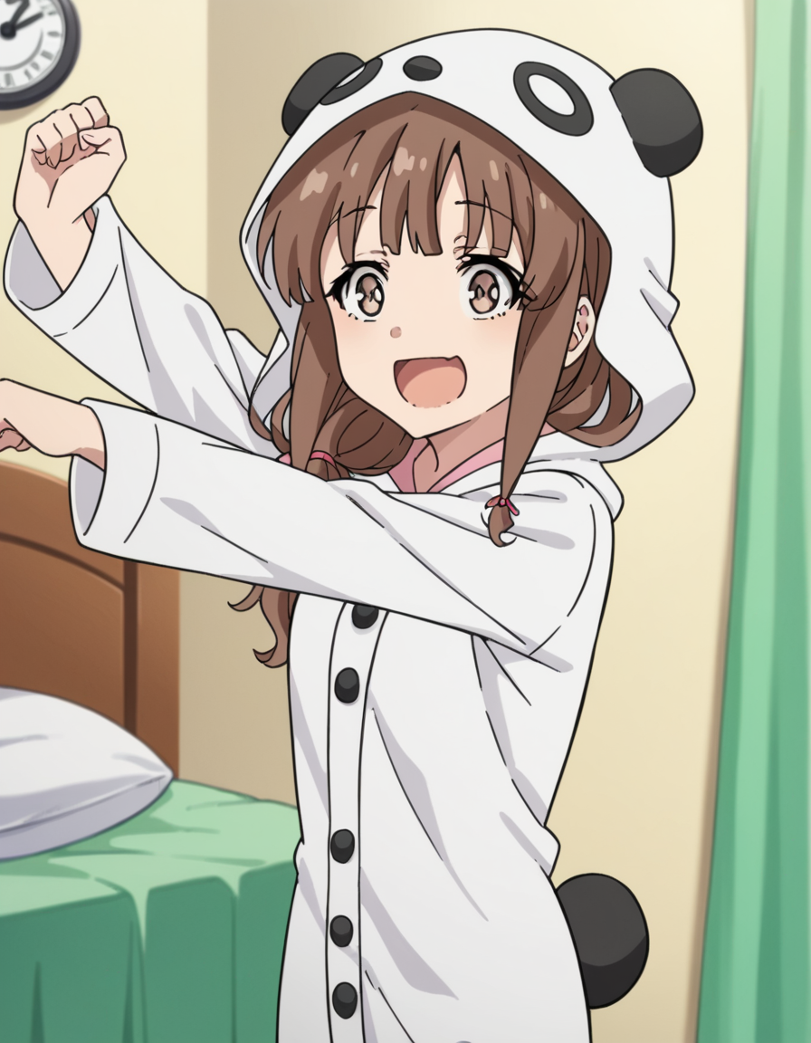 score_9, score_8_up, score_7_up, source_anime, <lora:kaede-azusagawa-s1-ponyxl-lora-nochekaiser:1>, kaede azusagawa, long hair, bangs, brown hair, brown eyes,, animal ears, tail, hood, pajamas, animal hood, animal costume, panda ears,, bedroom, alarm clock, morning routine, yawning, stretching, smile, looking at viewer, solo,, cowboy shot, dutch angle
