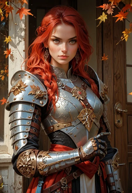 score_9, score_8_up, score_7_up, 1girl, solo, female warrior, long red hair, armor, gauntlets, intricate design, gold accents, holding weapon, medieval setting, autumn leaves, expressive eyes, doorway, serene, confident, detailed armor, standing, looking at viewer.