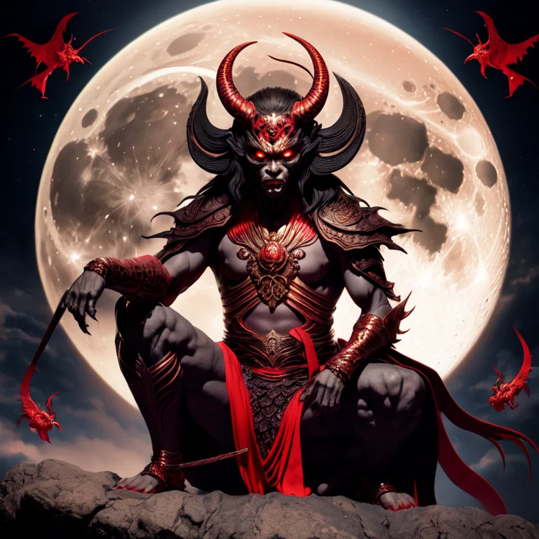 photo, illustration of a demon sitting in front of a full moon (FantasyDaimyo style:1) <lora:djzFantasyDaimyoV21:0.8>