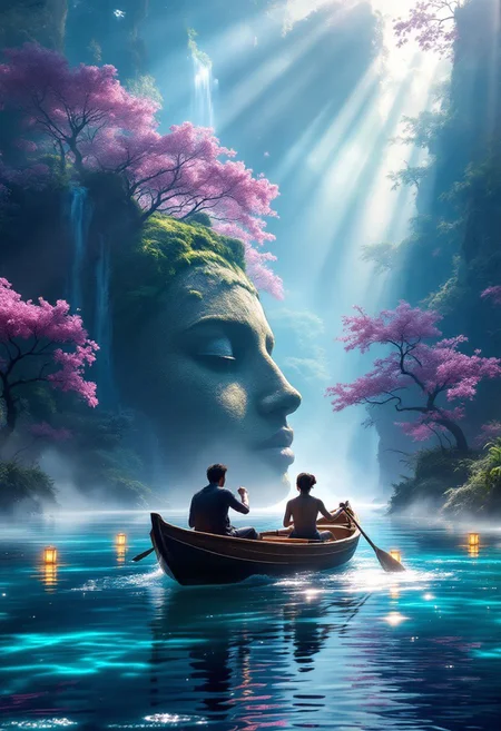 A breathtaking cinematic scene set in a lush, fantastical environment. A small wooden boat glides across a serene body of water, illuminated by warm, glowing lanterns. Two individuals are on board, one rowing intensely and the other observing the enchanting surroundings. The crystal-clear water reflects the vibrant colors of the sky and flora, while mist and sunlight blend harmoniously. In the background, a colossal, moss-covered statue of a human face lies half-submerged, surrounded by blossoming trees with pink and purple flowers. Rays of light filter through the foliage, casting intricate shadows and light, creating a dreamlike atmosphere. This captivating image evokes a sense of tranquility and timelessness, hinting at a profound journey, both literal and metaphorical., cinematic, vibrant