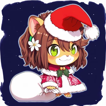 padoru <lora:padoru-IL-1.0:1>, masterpiece, perfect quality, best quality, anime coloring, 1girl, solo, padorumeme, padoru, simple dark blue background, Keiko, 1girl, solo, brown hair, furry female, green eyes, smile, animal ears, tail, animal nose, hairband, hair ornament, hair flower, body fur, short hair, bangs, lion ears,  <lora:Keiko_v03_PDXL:1>, christmas hat, score_9, score_8_up, score_7_up, score_6_up, score_5_up, score_4_up,