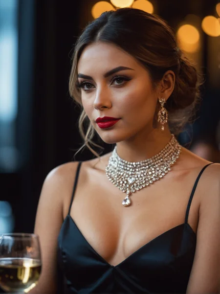 A dynamic cinematic photograph of Anna_Bianchi_P_MXAI_SDXL , shy expression, wearing a sequin dress, wearing a diamond choker, red lips, dramatic makeup, sitting in a restaurant, holding a glass of wine, medium closeup shot,, SK_CINEMATIC, ziprealism