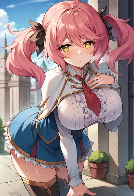 score_9, score_8_up, score_7_up, source_anime, masterpiece, 1girl, ctianph1l, pink hair, yellow eyes, white capelet, large breasts, underbust, blue skirt, frilled skirt, center frills, black thighhighs, red necktie, leaning forward, hand on chest, sweat, shiny skin, smell, outdoors, city, sunny, day, depth of field, looking at viewer, <lora:Philuffy_Aingram_pony_ct:1>