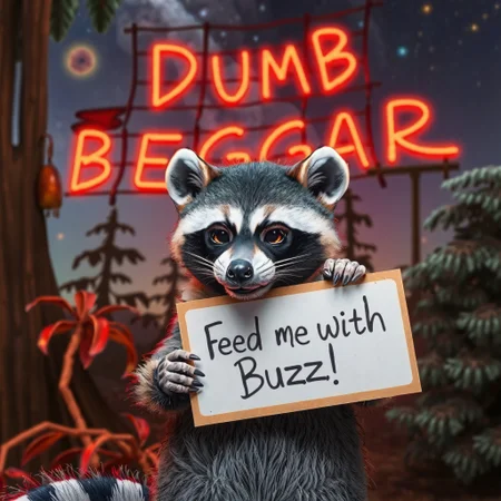 masterpiece, intricate photo realistic photo, cute racoon holding a small white sign on which is written "Feed me with Buzz!", background jungle, stars, galaxies, nebulae, in the sky is written in neon letters "Dumb Buzz Beggar", as realistic as possible, hyper realistic, highly detailed, sharp focus,dark art, gothic art, cyberpunk style, best quality, high resolution, colorful, vibrant colors, studio lighting, 8K