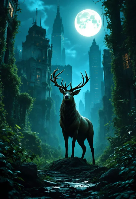 A majestic deer stands on an overgrown intersection under a full moon, surrounded by the ruins of a city, 100 years after humanity's extinction. The scene is filled with abandoned skyscrapers and crumbling buildings covered in vines and vegetation, reclaiming the urban landscape. The moonlight casts a haunting glow on the deer and highlights the desolate, eerie beauty of the post-apocalyptic city, creating a serene yet haunting atmosphere. Focusing on lighting, realistic textures, hyperdetailed,