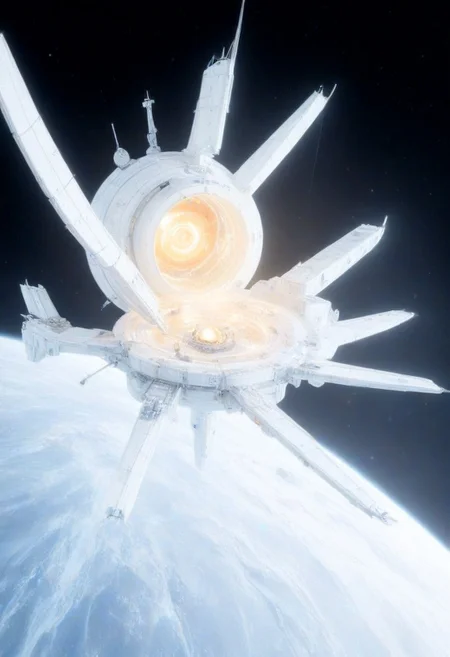 h0rr0rstyl3, CosmicStyle, high-contrast starlight shot, expeditionary scientific cruisers in synchronized orbit around a gas giant, golden illumination from nearby sun reflecting off sensor dishes, modular hull design with telescoping arms, ice-mining drones detached and descending into planetary rings, detailed scientific payload containers, warm cockpit glow visible through reinforced glass domes, ultradetailed ship schematics, smooth white and silver color scheme, exploratory symbols painted on wings, serenity meets cutting-edge exploration, peaceful future-tech vision, contemplative sci-fi scene, vast sense of scale