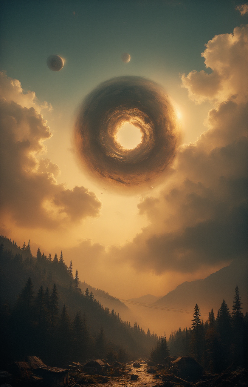 a mysterious hole shaped object in the sky with extremely detailed clouds and planets in the background, golden dawn, shadows, detailed, sharp, landscape, mysterious, soothing, backlit, shadows, village <lora:- Flux1 - soothing_atmo_V2.0:.7>
