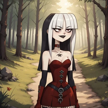 score_9, score_8, BREAK, solo, dark red corset, goth, blunt bangs, dark red gloves, long hair, red eyes, makeup, knee boots, high heel boots, fishnets, chest tattoo, choker, breasts, total drama, CrimsonTD, pale skin, white skin, black lips, lipstick, multicolored hair, black hair, white hair, sexy pose, self portrait, smile, outdoors, sunlight, shadows, evening lighting, natural lighting, forest, trees, grass, orange sky, sunset