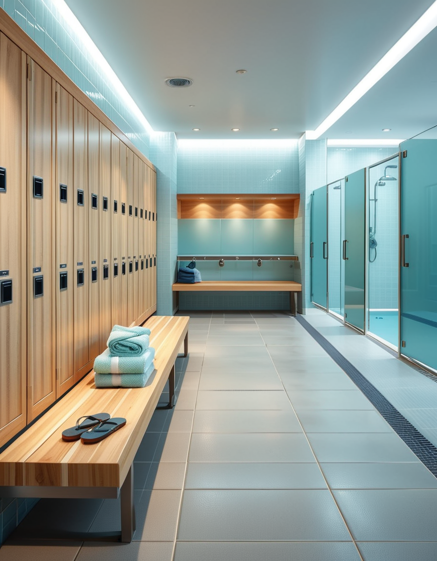 A realistic photograph of a modern swimming pool changing room, featuring clean, sleek design with white tiled walls and light blue accents. Rows of wooden benches with metal frames are neatly aligned in the center of the room. On the sides, there are individual lockers with glossy pastel-colored doors (light blue, mint green, and pale yellow), each with small number labels. Hooks are mounted on the walls, some holding neatly folded towels. The floor is made of non-slip gray tiles, slightly wet, reflecting the soft overhead LED lighting. The atmosphere is fresh and inviting, with a subtle fog from the pool area beyond a frosted glass door at the back. To the left side of the room, a large mirror spans the wall above a counter with built-in sinks, chrome faucets, and a few small bottles of hand soap. A subtle reflection of the interior is visible in the mirror. No people are present in the room. The lighting is bright but natural, as if itâs daytime with soft sunlight filtering through small high windows. The mood is calm, clean, and welcoming, captured with a high-resolution camera in photorealistic style. 
<lora:SDXLFaeTastic2400:0.4> <lora:extremely_detailed:0.4> extremely detailed,<lora:swimming_pool_ch4ng1ng_r00m:1>,swimming pool ch4ng1ng r00m, Masterpiece,best quality,hi res,8k,hi res,8k,award winning,(sharp focus, intricate, highly detailed),