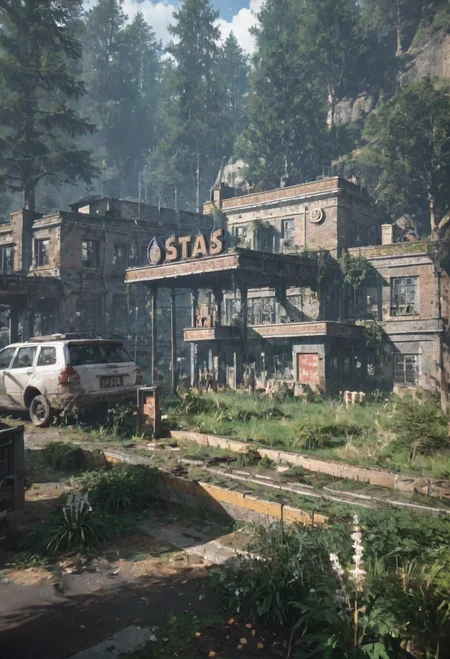 ,ruanyi0763,outdoors,tree,building,ruins,gas station,crowd,<lora:0763 post apocalypse_v1_pony:1>, score_9,score_8_up,score_7_up,,8k,1girl,solo,