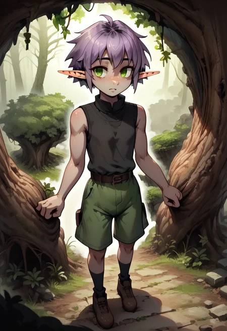 4byss, Lapanya, pointy ears, ((snout nose)), flat chest, ((4 fingers)), solo, fair skin, short stature, hazel irises, lilac hair, tomboy haircut, short hair 
((sleeveless green tunic, green shorts)), black undershirt, high collared undershirt,
((Standing, shading eyes, looking around, surveying surroundings, grinning)),
detailed face, close up, high angle
((Variety)),
Medieval style,
((cavern background, organic chamber, open chamber, trees, fog, soft light, moss on ceiling, luminous moss)), clean lines, perfect hands, smooth colors, sfw, source: anime, rating: pg, score: 8 up, score: 9